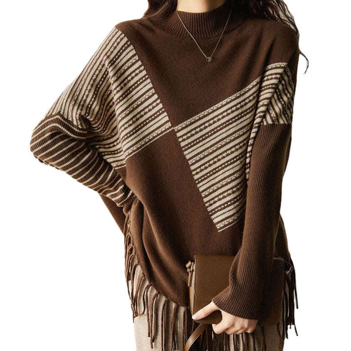 Pull surdimensionné pour femmes avec motif rayé graphique et franges Chic & Stil