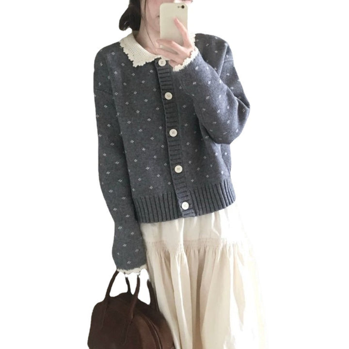 Knitted jacket for women with ruffled collar and button details Lune London