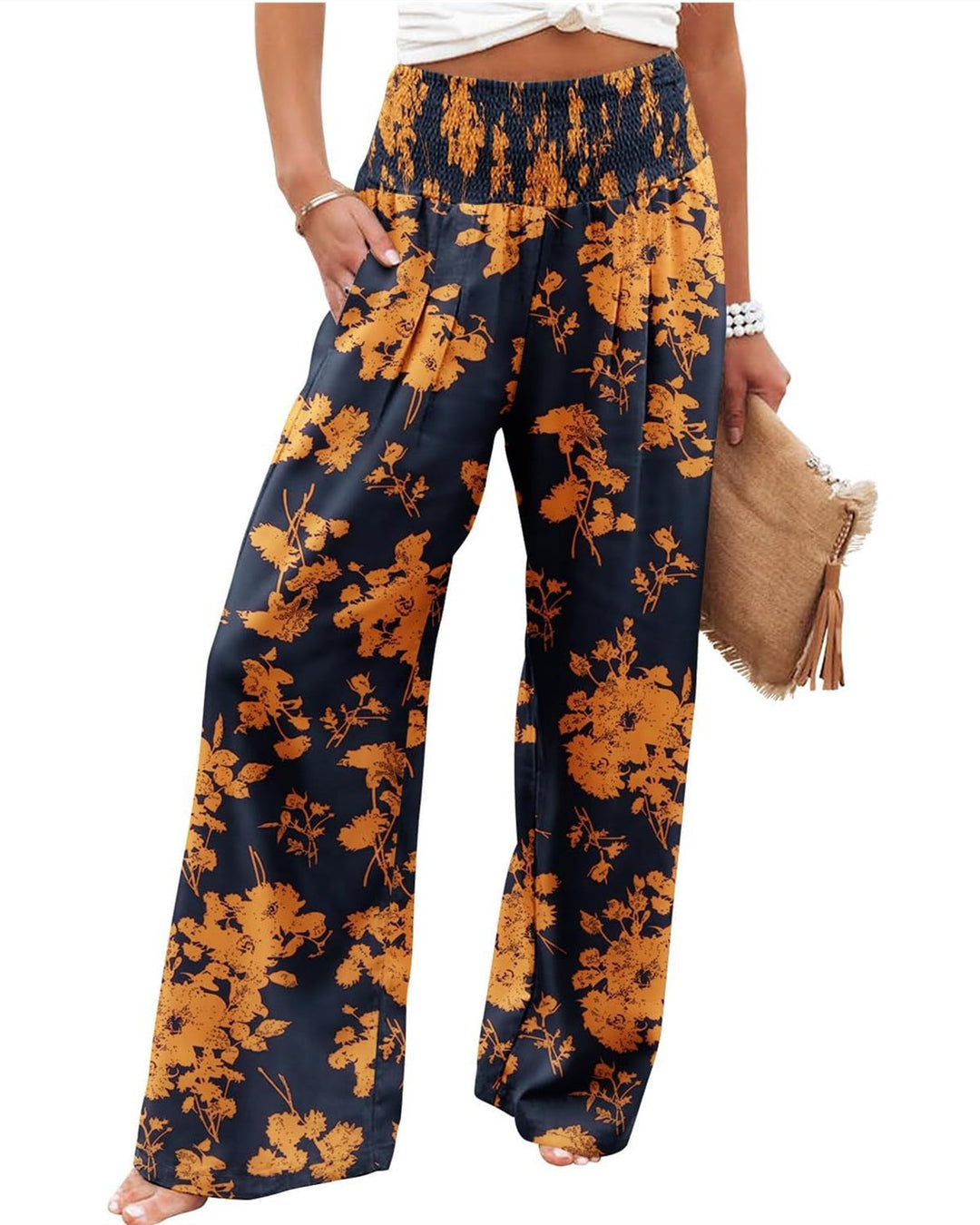 Lune London Women's Palazzo Pants with Elastic Waist and Floral Pattern