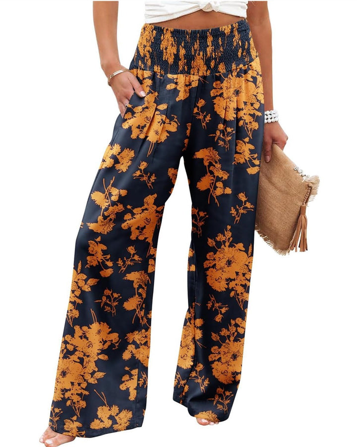 Lune London Women's Palazzo Pants with Elastic Waist and Floral Pattern