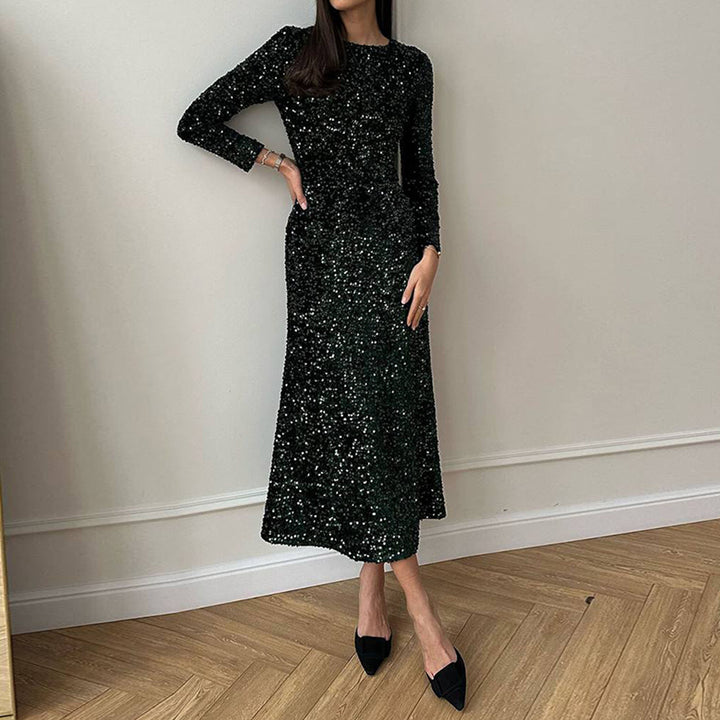 Sparkling evening dress for ladies with long sleeves and flowing hem Lune London
