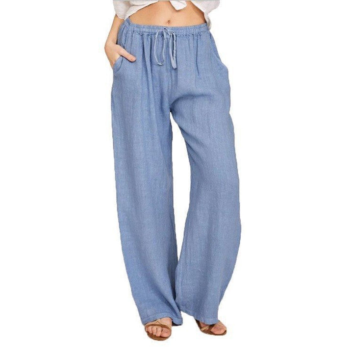 Comfortable and breathable linen pants for women with elastic waistband and side pockets Lune London