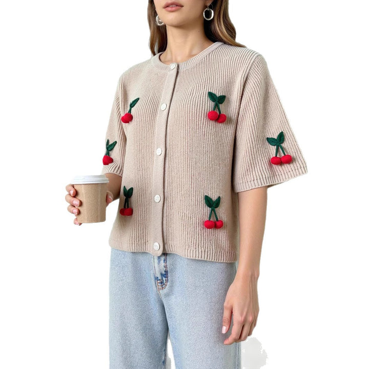 Women's knitted jacket with decorative cherry pattern and pockets Lune London