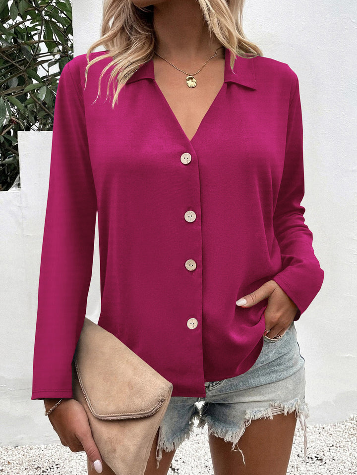 Trendy women's blouse with V-neck and button details Lune London