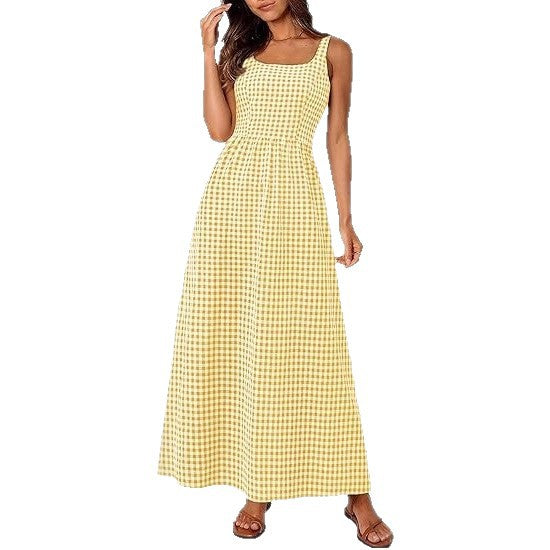 Robe maxi femme à motif à carreaux classique avec bretelles réglables et taille élastique Chic & Stil