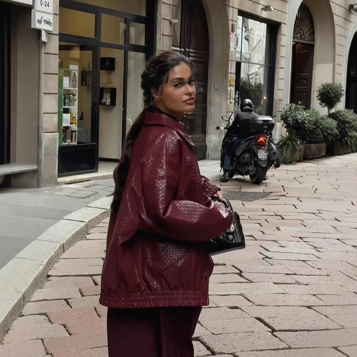 Fashionable women's faux leather jacket with textured design and elastic waist Lune London