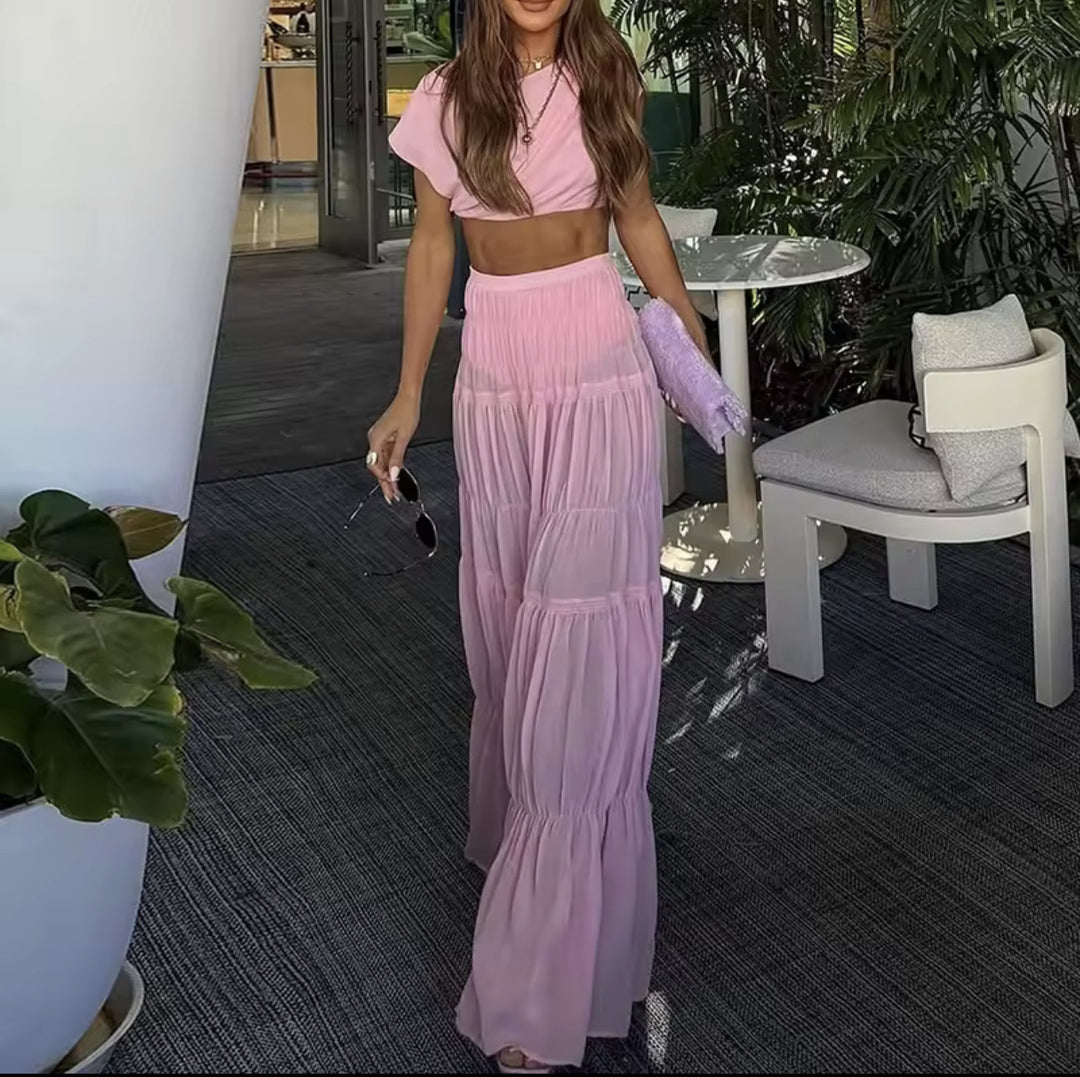 women's set consisting of a trendy crop-top and a maxi-skirt with ruffle details Lune London