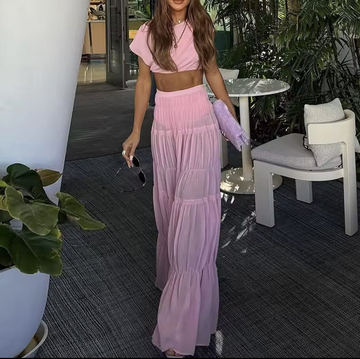 women's set consisting of a trendy crop-top and a maxi-skirt with ruffle details Lune London