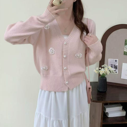 Ladies cozy knit vest with flower embroidery and pearl buttons Lune London