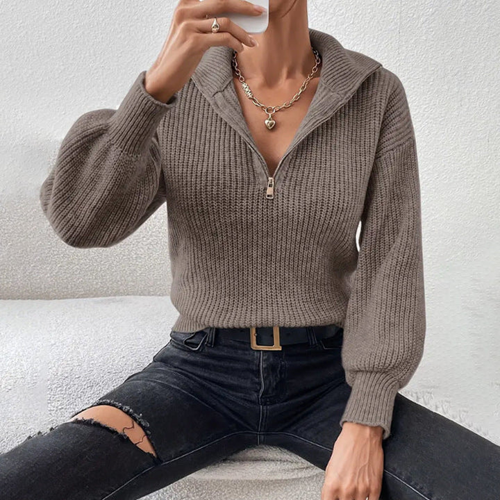 Women's Fashionable Sweater with High Collar and Zipper Lune London