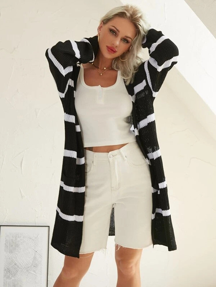 Casual knit cardigan for women with striped design and open front Lune London