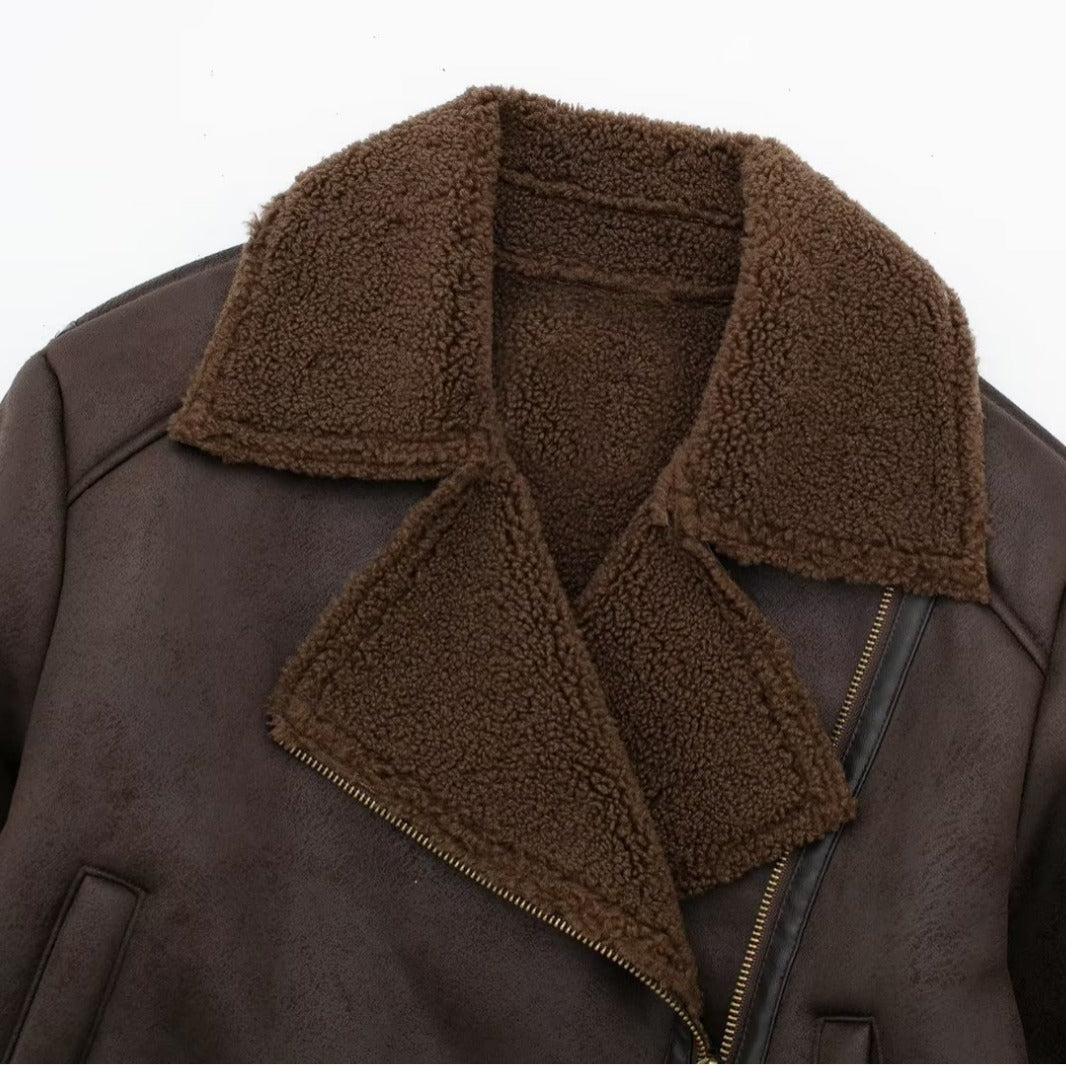 Casual biker jacket for women with a soft faux fur collar and practical pockets Lune London