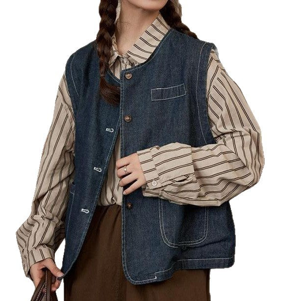 Gilet en denim pour femmes avec fermeture à boutons et poches Chic & Stil