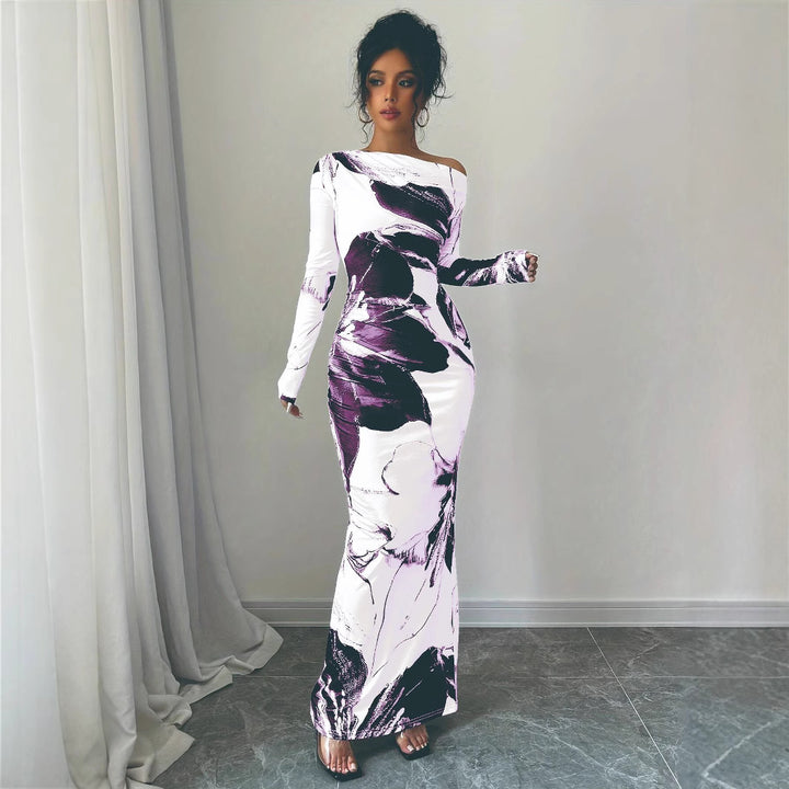 Ladies Elegant Maxi Dress with asymmetrical neckline and floral design Lune London