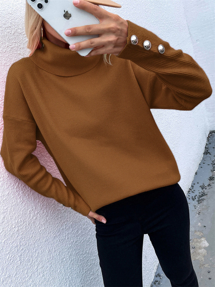Women's turtleneck sweater with striped design and decorative buttons Lune London