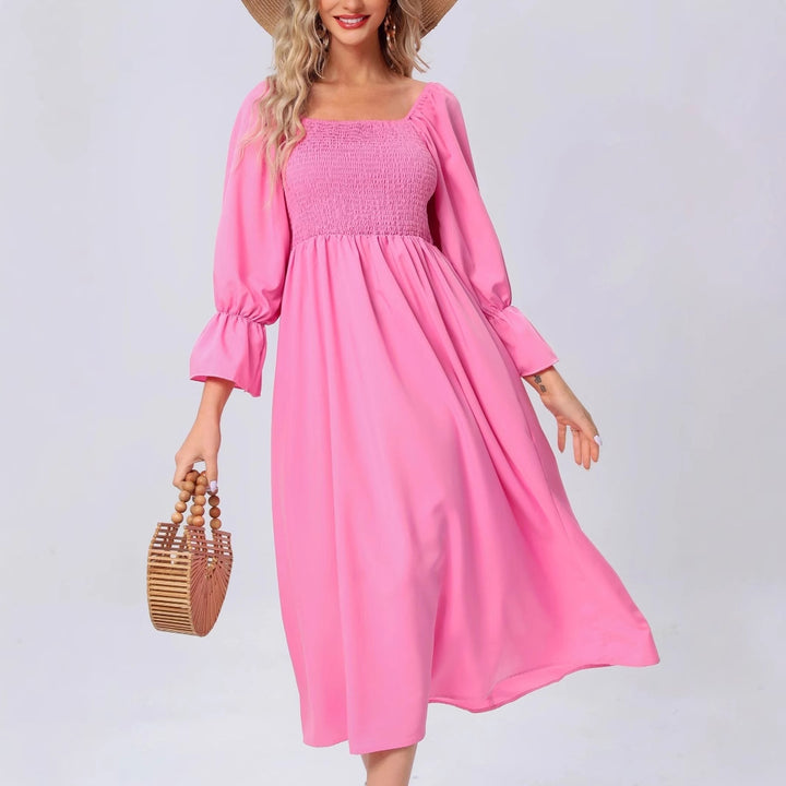 Midi dress for ladies with elastic puff sleeves and a romantic waist tie Lune London