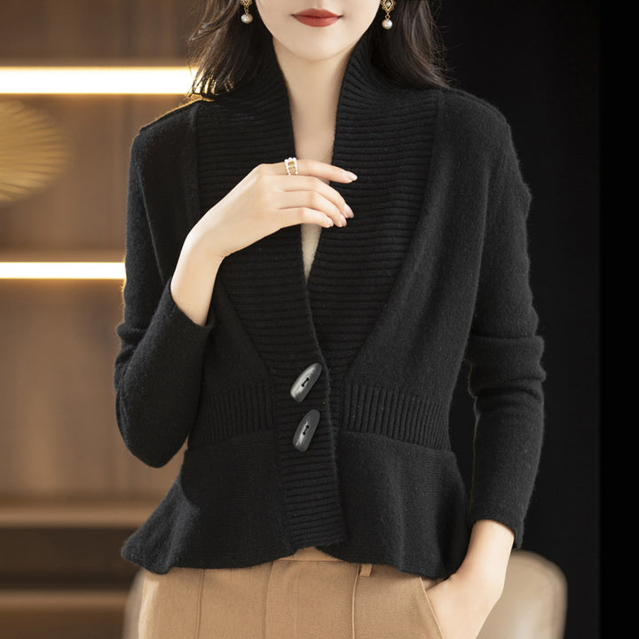Lune London elegant woman knitted cardigan with wrapped appearance and button detail