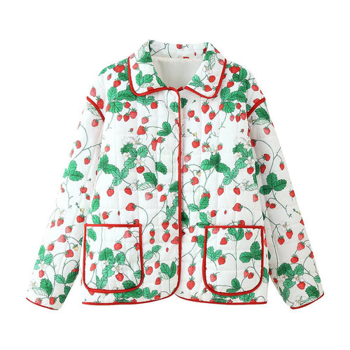 Quilted jacket for women with a cheerful strawberry pattern and practical pockets Lune London