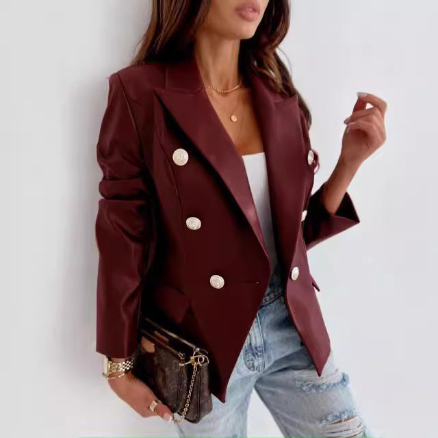 Elegant faux leather blazer for women with double row of buttons Lune London