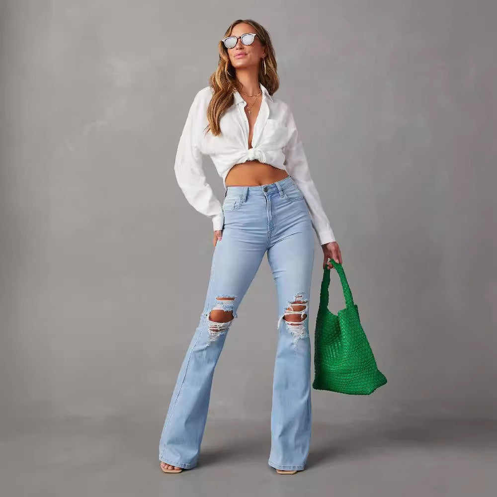 Women Flared Jeans with trendy Destroyed details and high waistband Lune London
