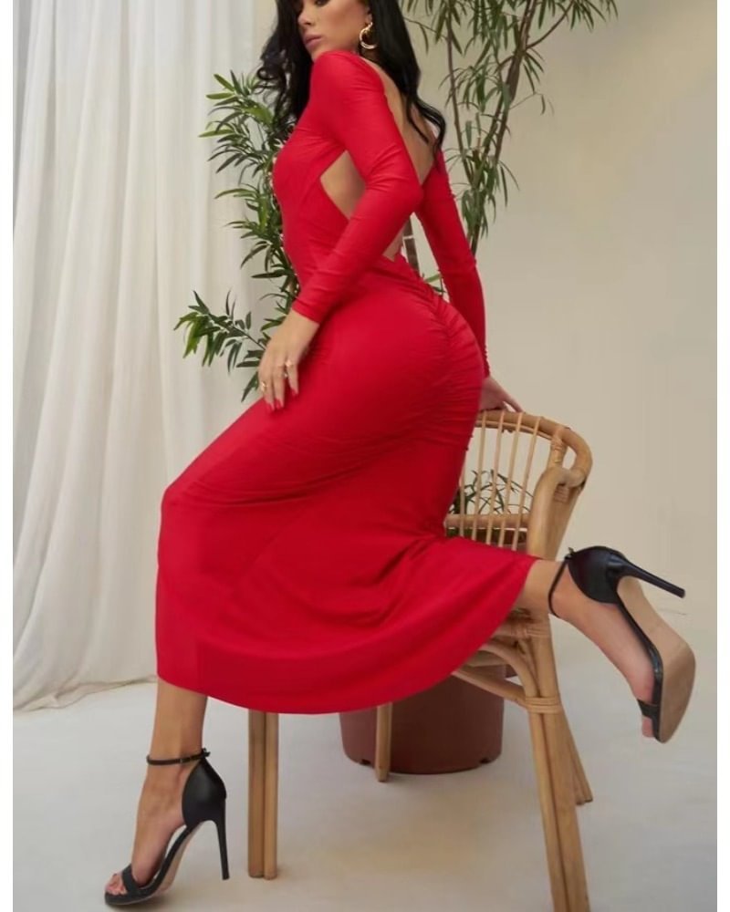Ladies Elegant Maxi Dress with Cut-Out Details and Long Sleeve Lune London