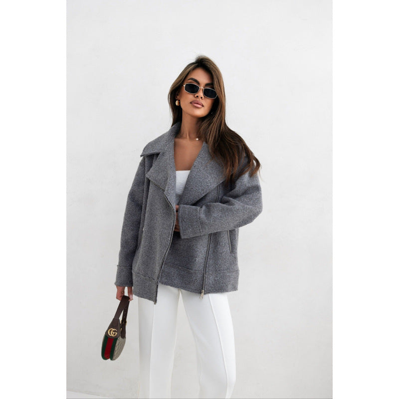 Elegant and fluffy biker jacket for ladies with gold zipper details Lune London