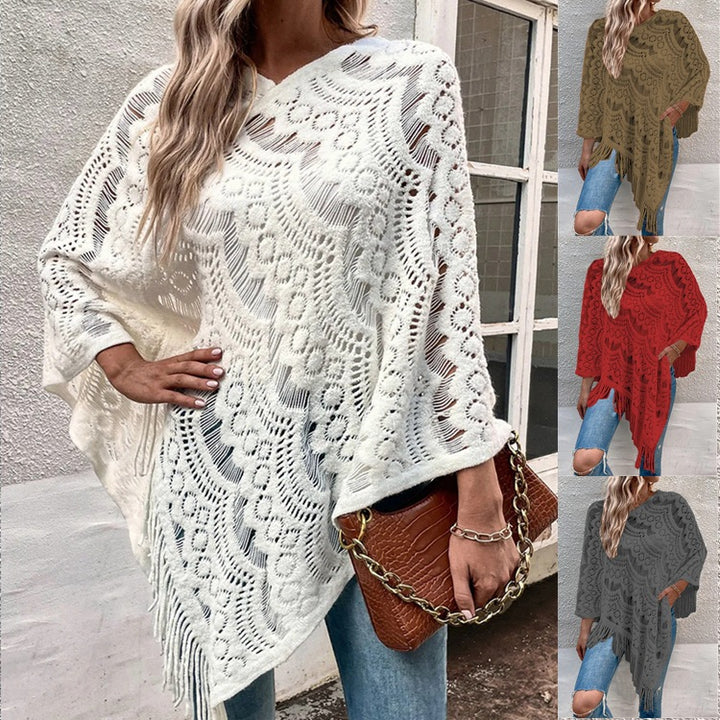 Knit poncho for women with an eye-catching crochet pattern and fashionable fringes Lune London