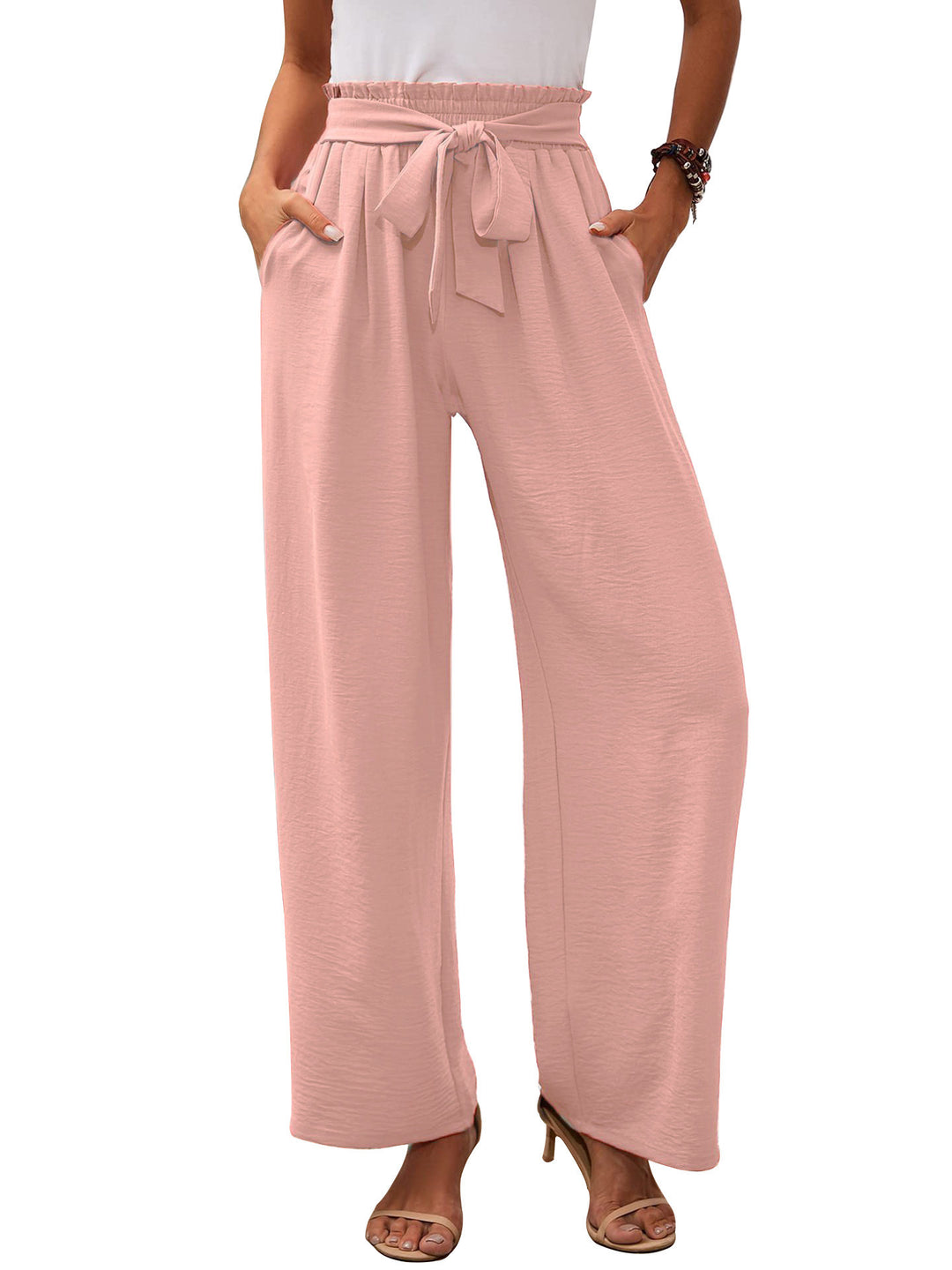Wide palazzo pants for women with elastic waist and tie belt Lune London
