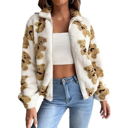 Fleece jacket for women with bear pattern and high collar Lune London