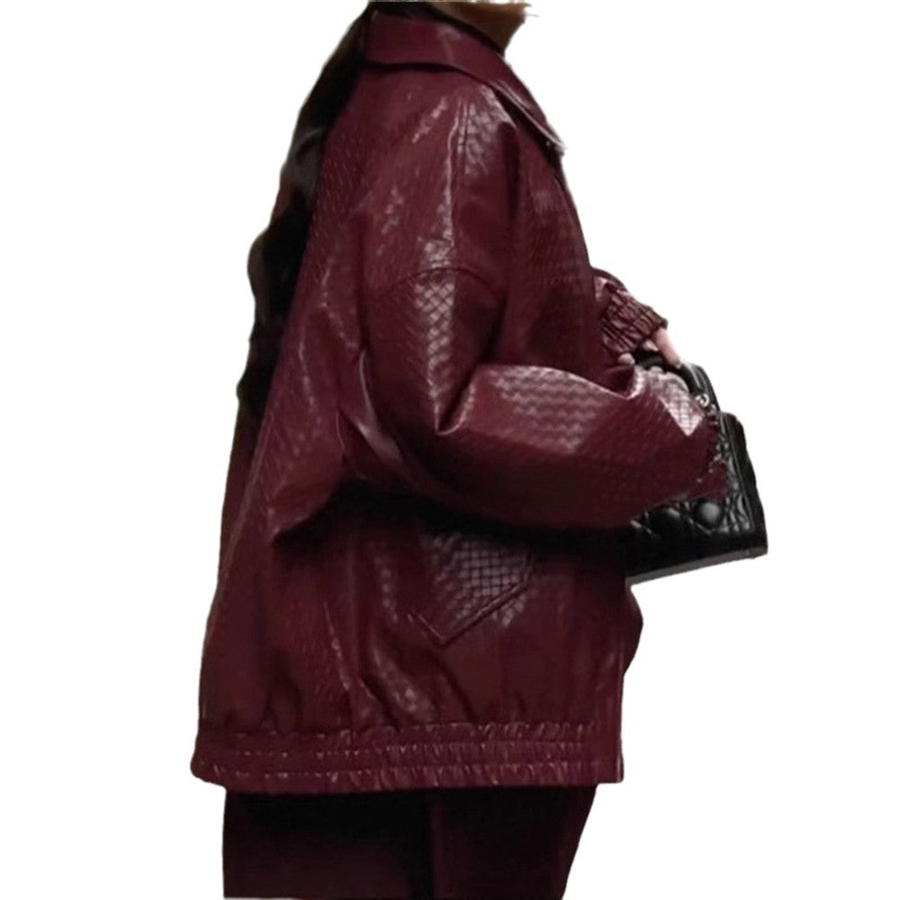 Synthetic leather jacket for women with a textured design and a relaxed fit Lune London
