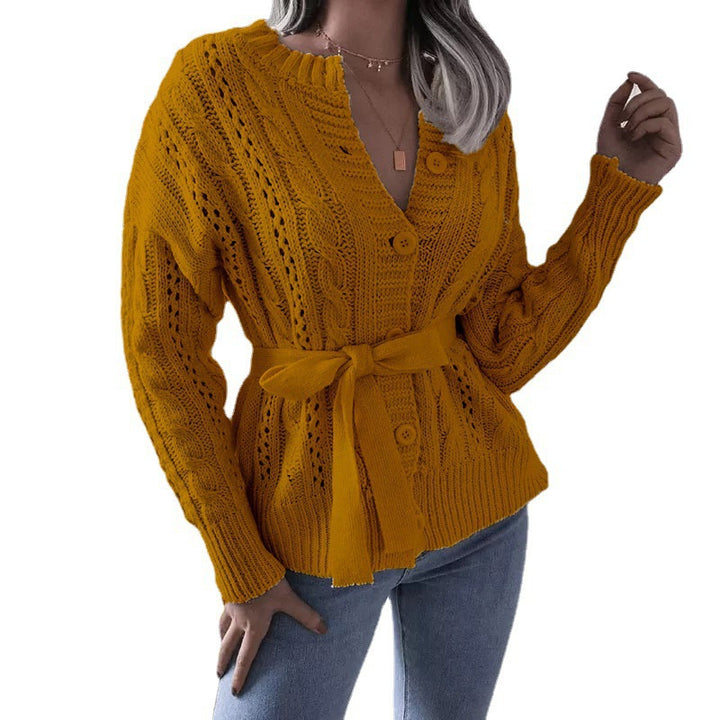 Knitted jacket for women with a belted waist and eye-catching pattern Lune London