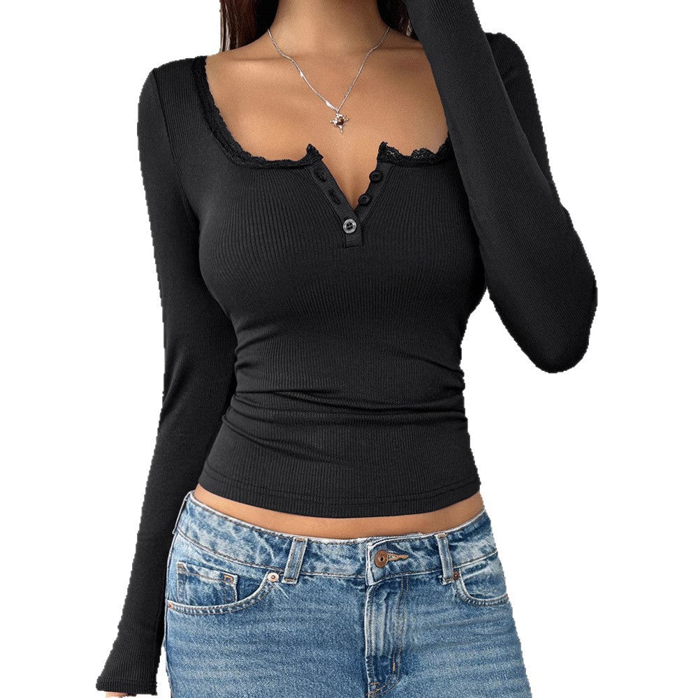 Women's Long-Sleeve Shirt with Lace Accents and Button Placket Lune London
