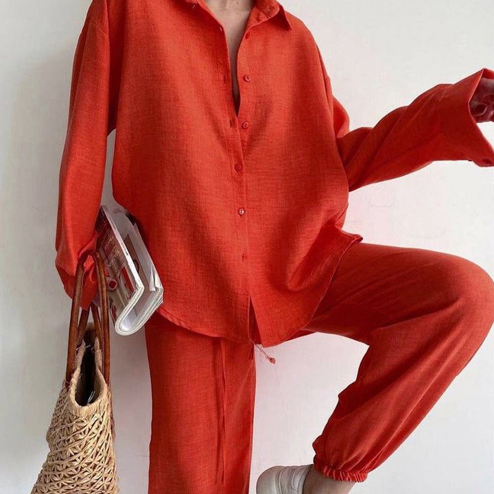 Women’S Casual Linen Ensemble with Elegant Shirt and Wide Pants Lune London