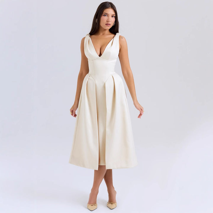 Elegant Midi Dress for Women with Dreamy V-Neck and Chic Elegant Pleats