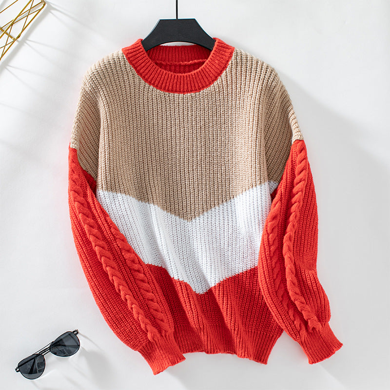 Trendy knitted sweater for women with refined twisted pattern sleeves and contrasting colors Lune London
