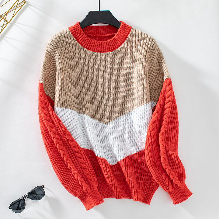 Trendy knitted sweater for women with refined twisted pattern sleeves and contrasting colors Lune London