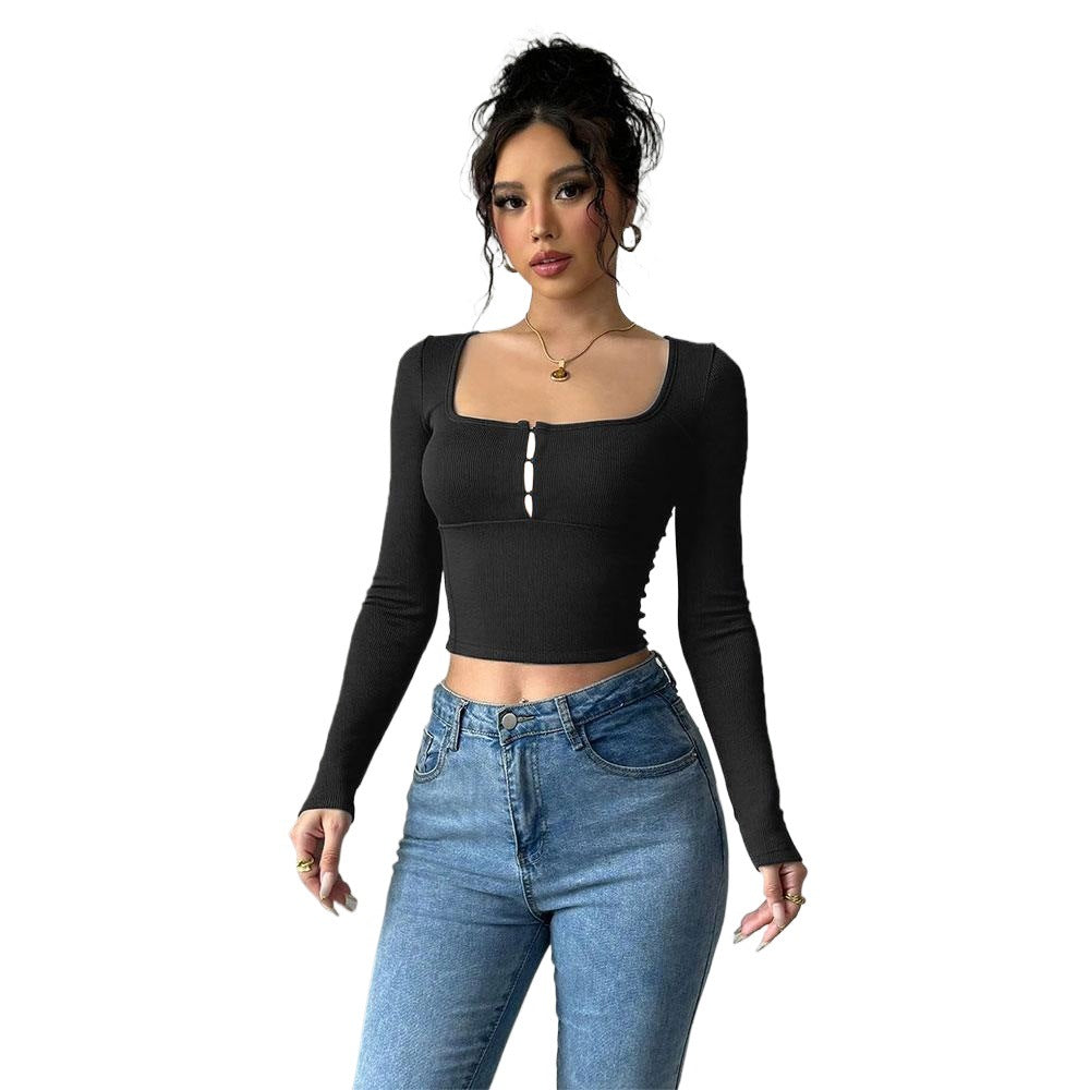 T-shirt court à manches longues pour femmes avec avant orné de boutons élégants Chic & Stil