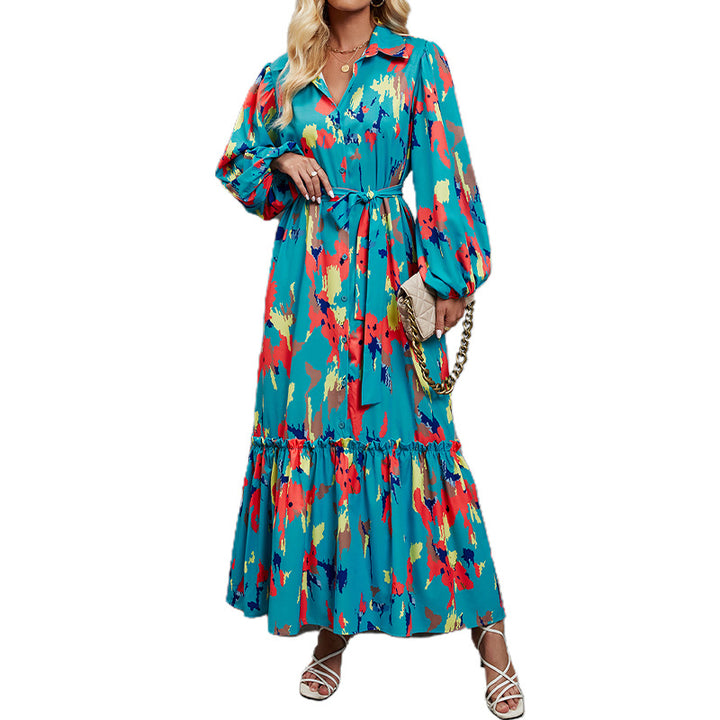 Ladies elegant maxi dress with high neck collar and colorful pattern Lune London