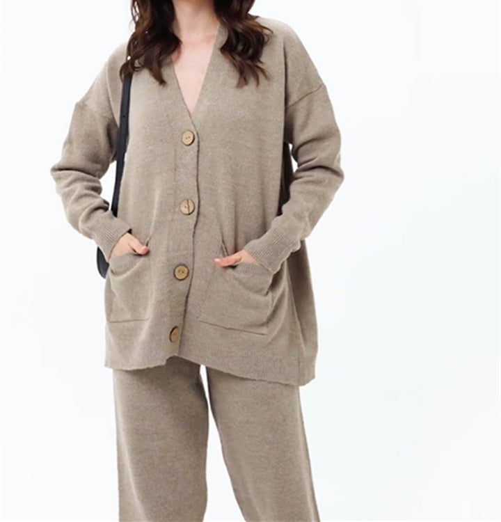 Ladies comfortable knit cardigan with practical pockets and chic button details