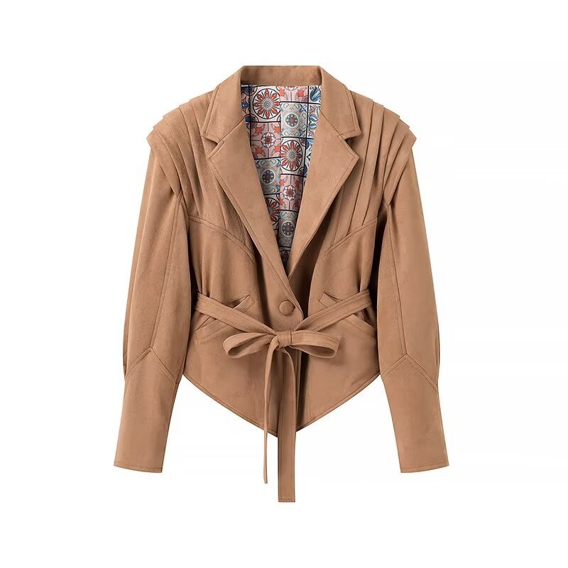 Trendy short blazer jacket for ladies with belt and decorative pleats Lune London