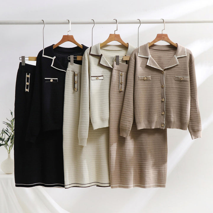 Elegant knit set for ladies with decorative collar and patch pockets Lune London
