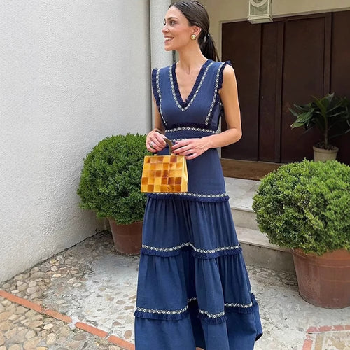 Maxi dress women with an elegant V neckline and ruffle details Lune London