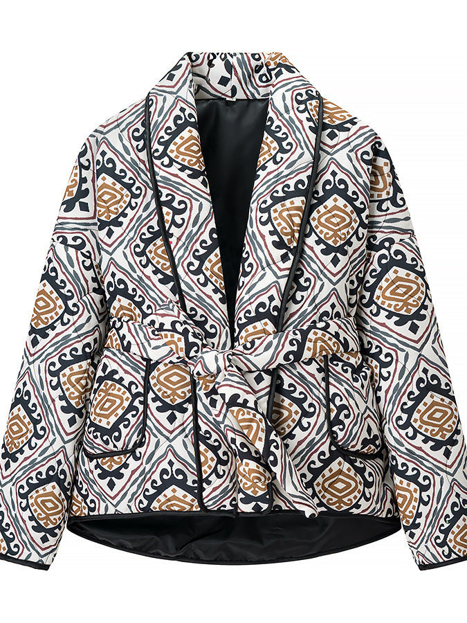 Elegant women's blazer jacket with belt and eye-catching pattern Lune London