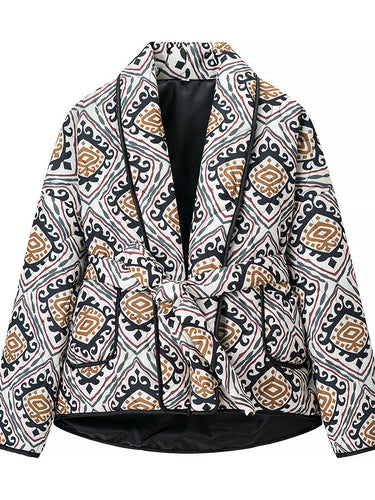 Elegant women's blazer jacket with belt and eye-catching pattern Lune London