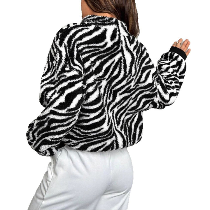 Ladies polar fleece sweater with mid-high collar and rustic cow pattern Lune London