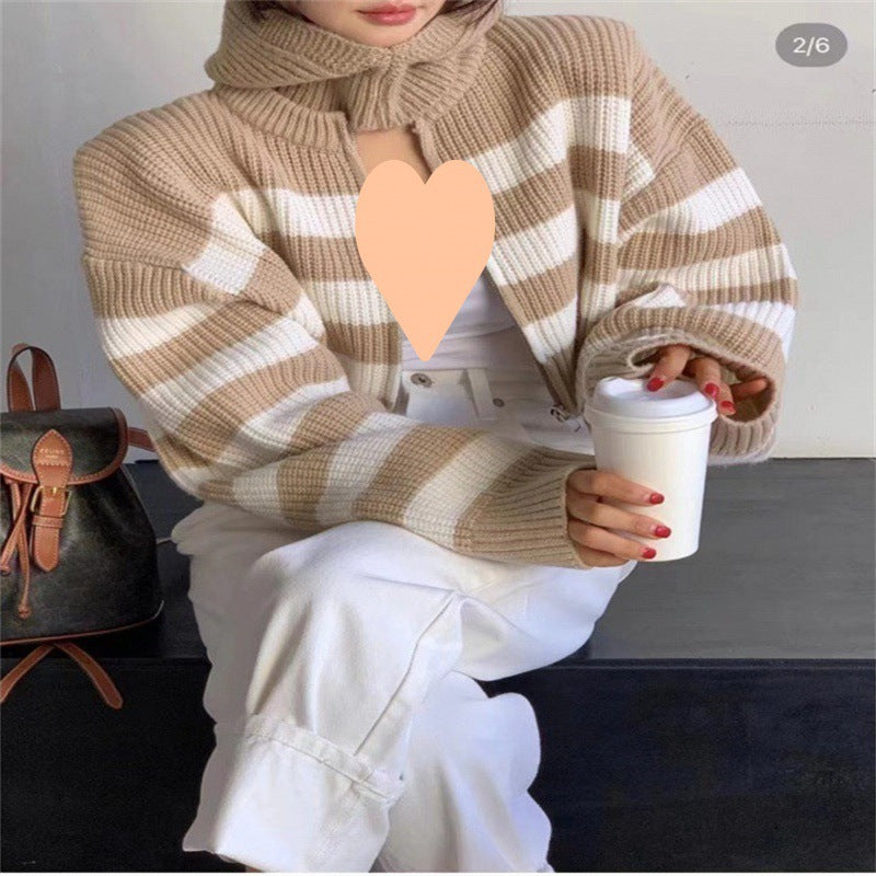 Ladies knitted jacket with high collar and wide stripes Lune London