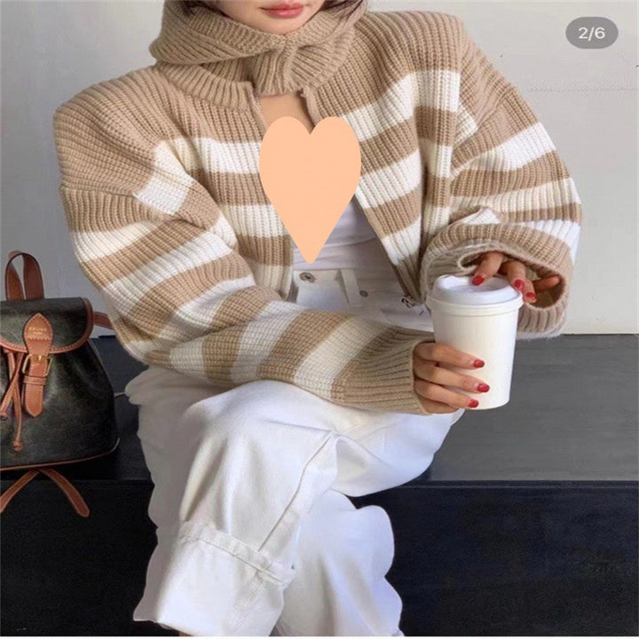 Ladies knitted jacket with high collar and wide stripes Lune London