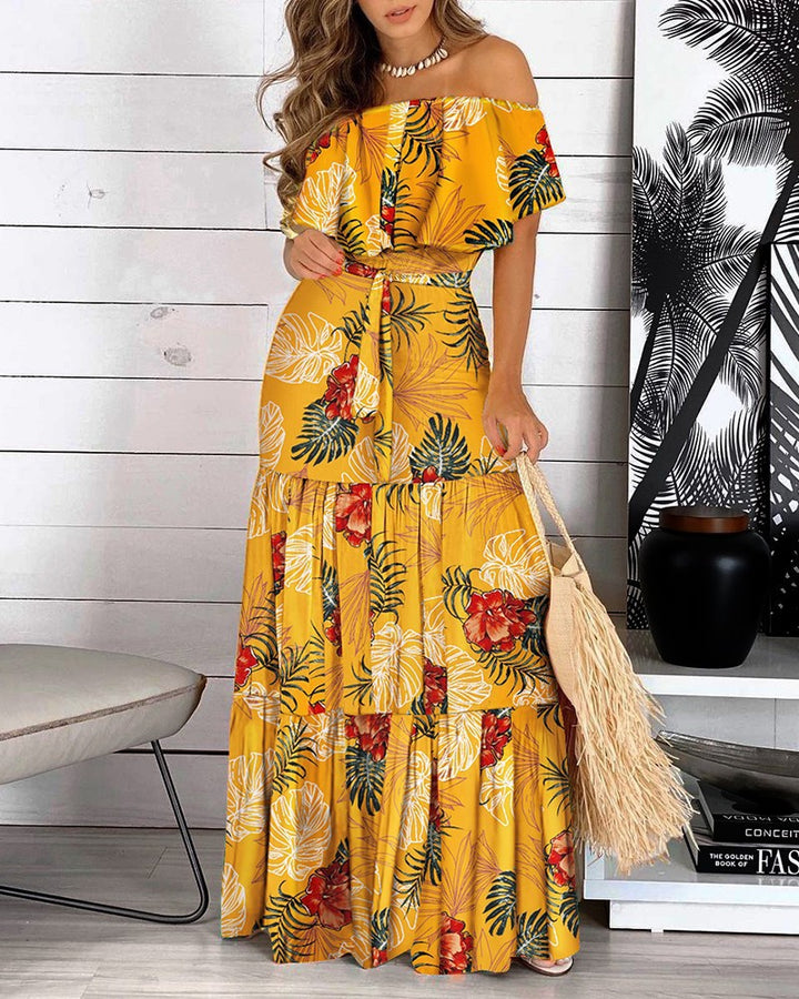 Off-shoulder maxi dress for women with flowy and asymmetrical skirt Lune London