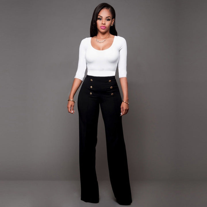 Women High-Waisted Palazzo Pants with Decorative Button Details Lune London