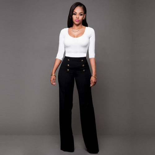 Women High-Waisted Palazzo Pants with Decorative Button Details Lune London